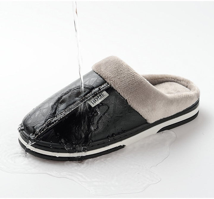 Water-resistant test showing water pouring over a black fuzzy house slipper