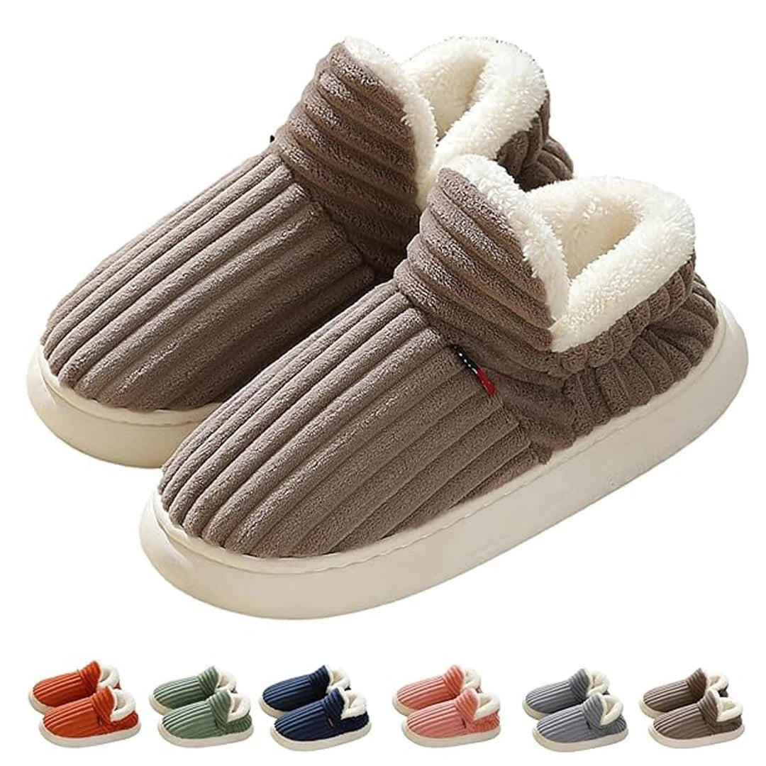 Brown soft-lined indoor slippers with non-slip sole