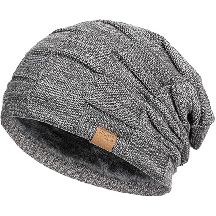 Medium grey knit winter beanie with textured pattern