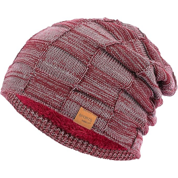 Close-up of the soft knit texture and warm fleece lining of the winter hat