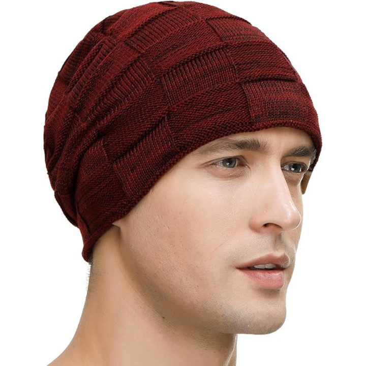 Folded knitted beanie showcasing stretchable winter material