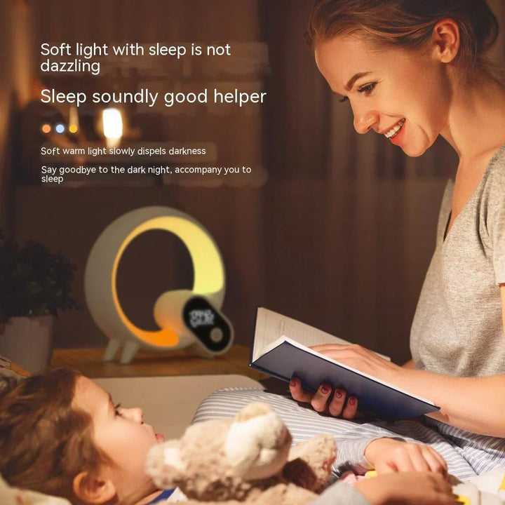 Woman reading a book beside a glowing smart night light in a cozy bedroom