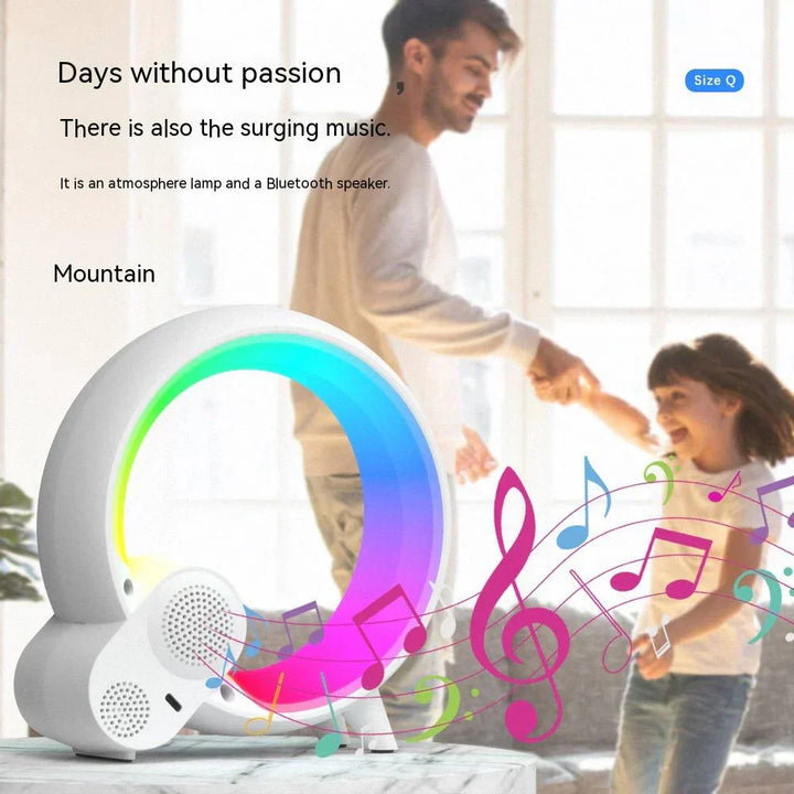 White smart night light emitting vibrant rainbow colors with musical notes