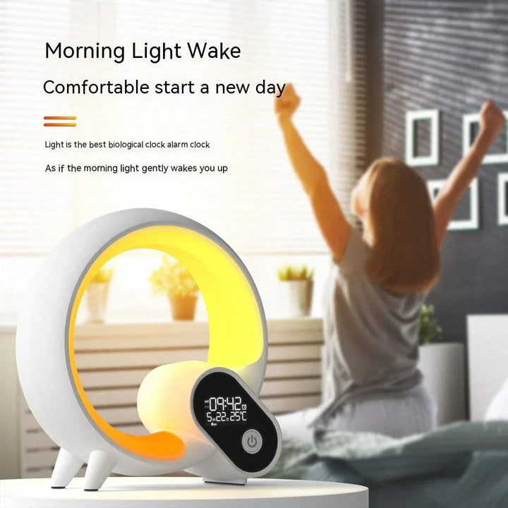 Smart night light with white noise and colour changing ambient lighting on a modern bedside table