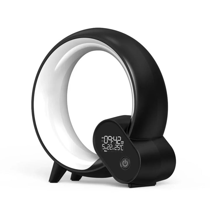 Smart night light in black finish displaying digital clock and power button