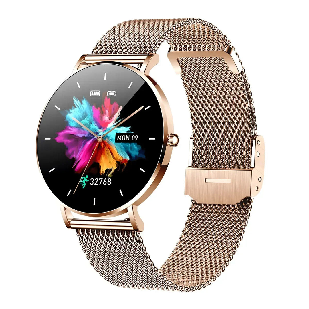 Rose Gold ultra-thin smartwatch showing vibrant color watch face