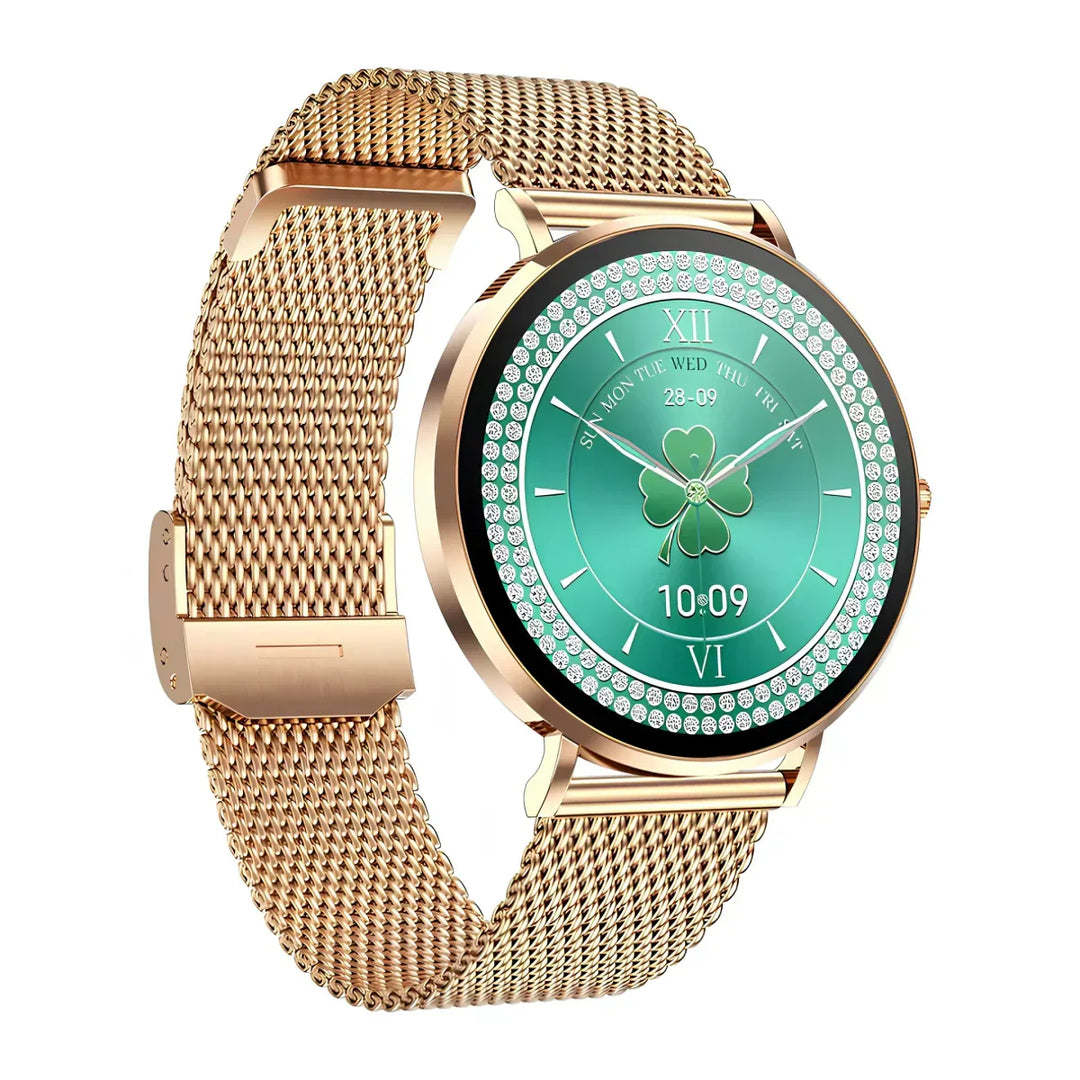 Rose gold StyleFit Luxe smartwatch featuring a green watch face and mesh strap