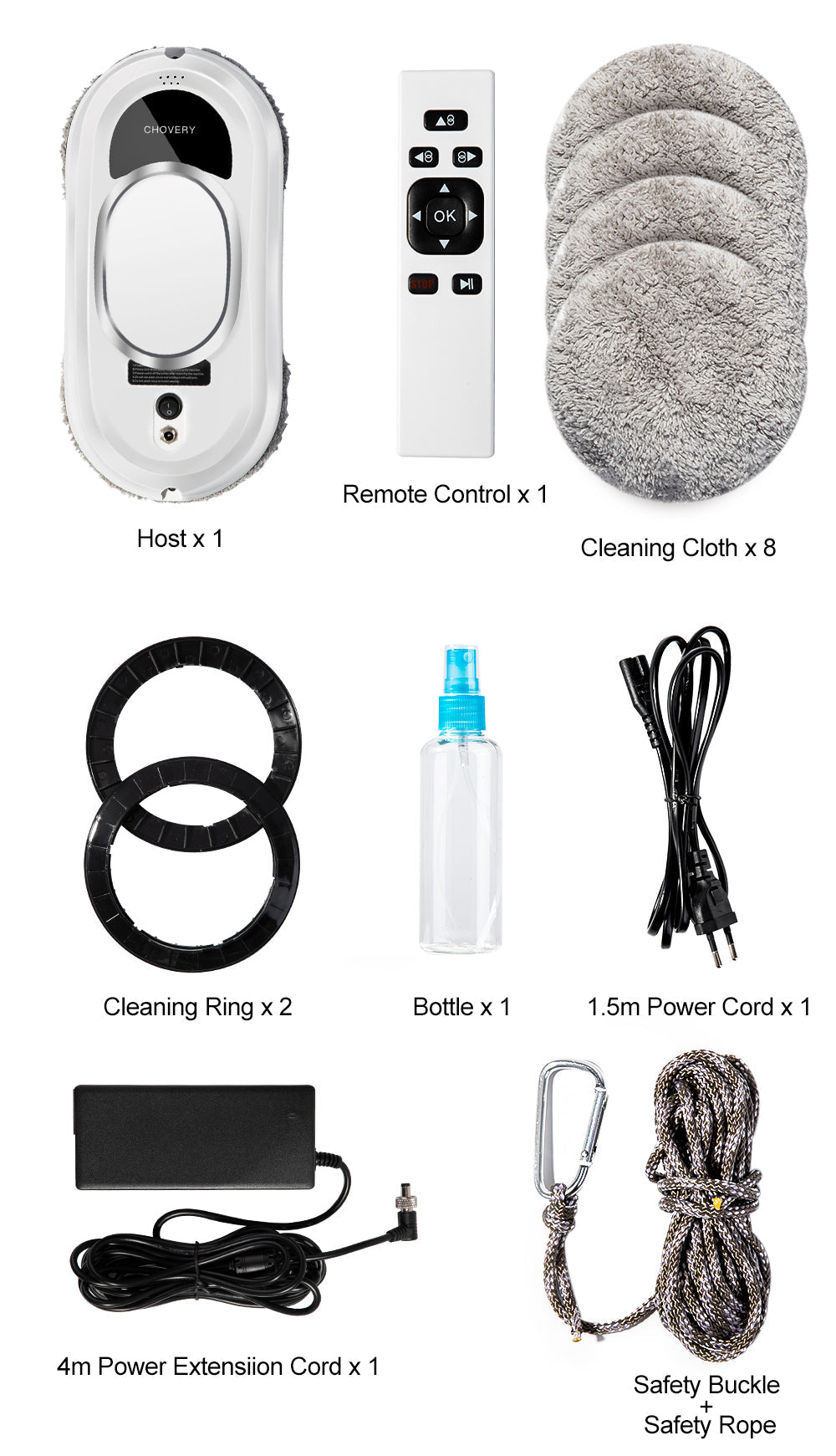 Complete package contents including remote control, cleaning cloths, power cords, and safety rope