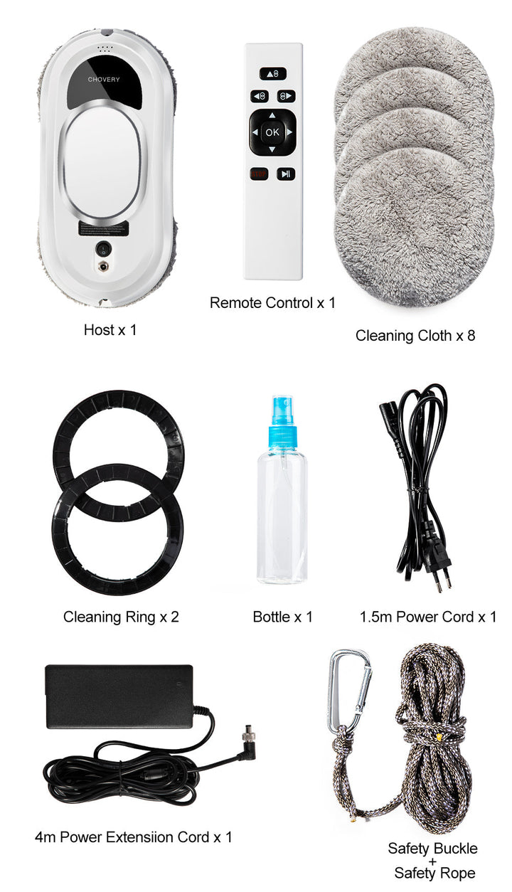 Complete package contents including remote control, cleaning cloths, power cords, and safety rope
