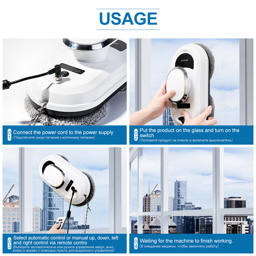 Step-by-step usage guide showing how to attach the power cord and place the cleaner on glass