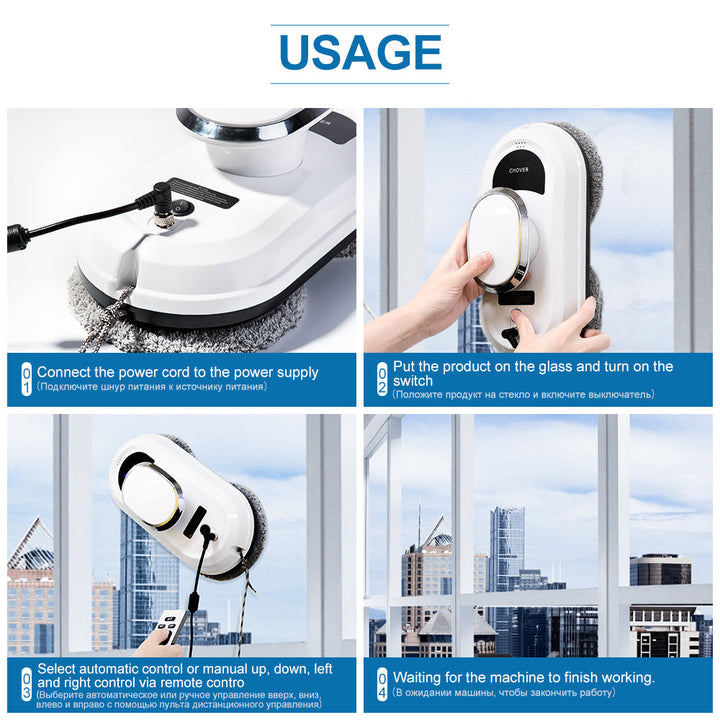 Step-by-step usage guide showing how to attach the power cord and place the cleaner on glass