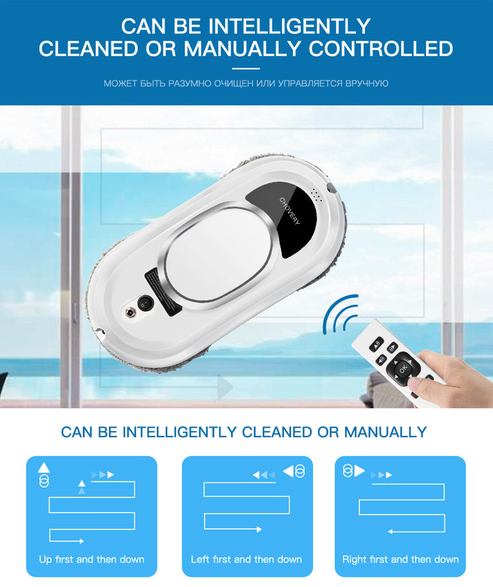Automatic robotic glass cleaner in action on a modern living room window