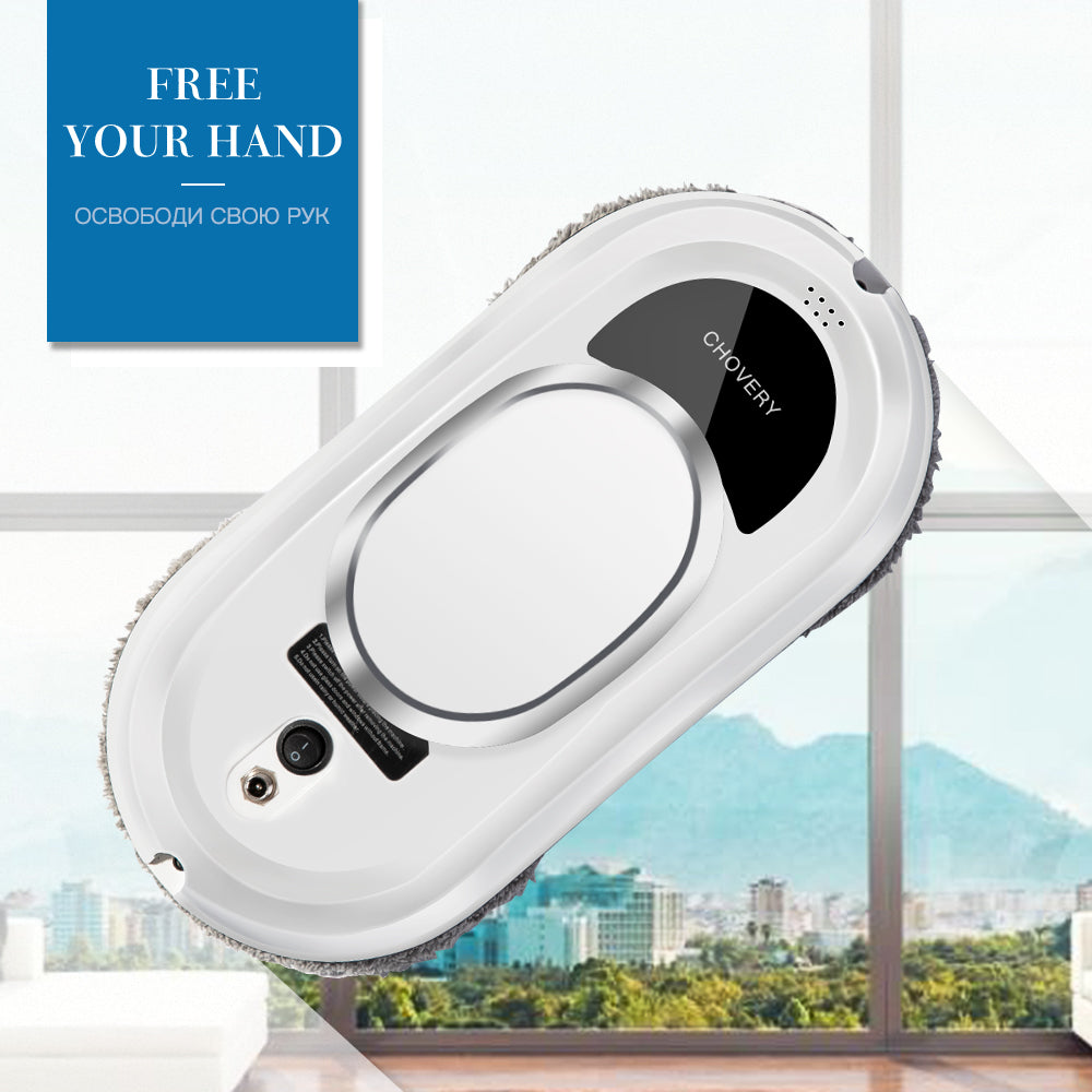 Slim robotic glass cleaner packaged with remote control and safety rope