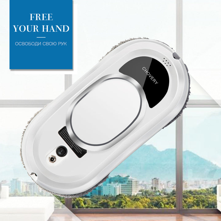 Slim robotic glass cleaner packaged with remote control and safety rope