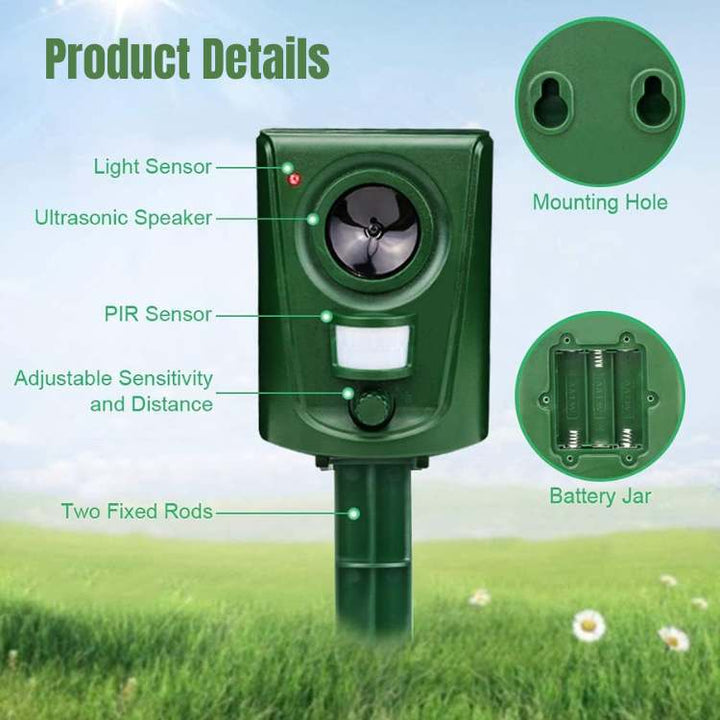 Side angle view of solar powered ultrasonic cat repeller for garden pest control