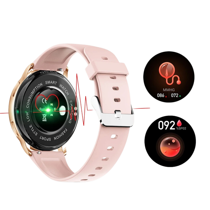 Womens fitness tracker smart watch with heart rate monitor worn on wrist
