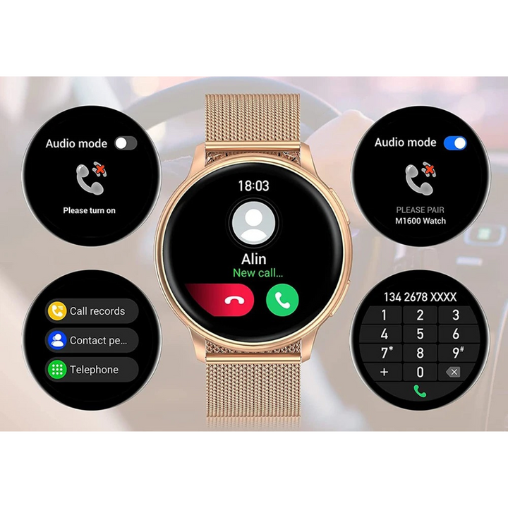 Silver smart watch with bluetooth calling displaying health tracker stats