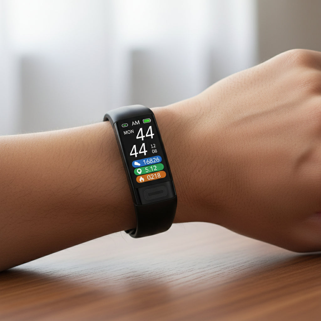 Black smartwatch displaying step count and fitness metrics on a wrist