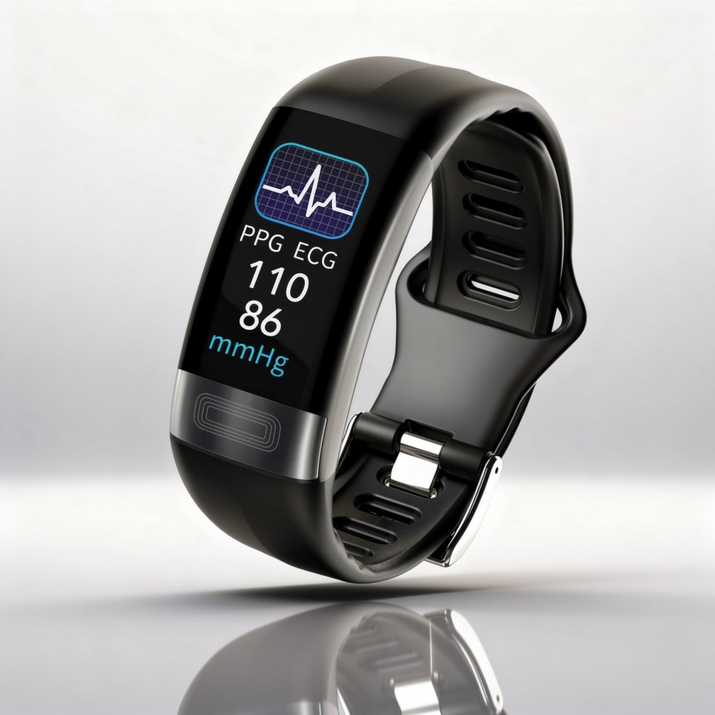 Black fitness smartwatch displaying ECG graphics and blood pressure readings