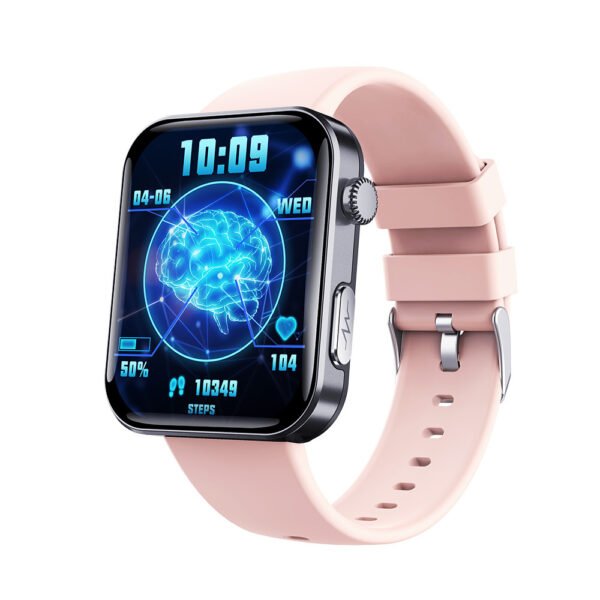 Unisex pink smartwatch with silicone strap showing brain activity interface