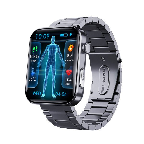 Fitness watch with blood glucose tracker and wellness app interface