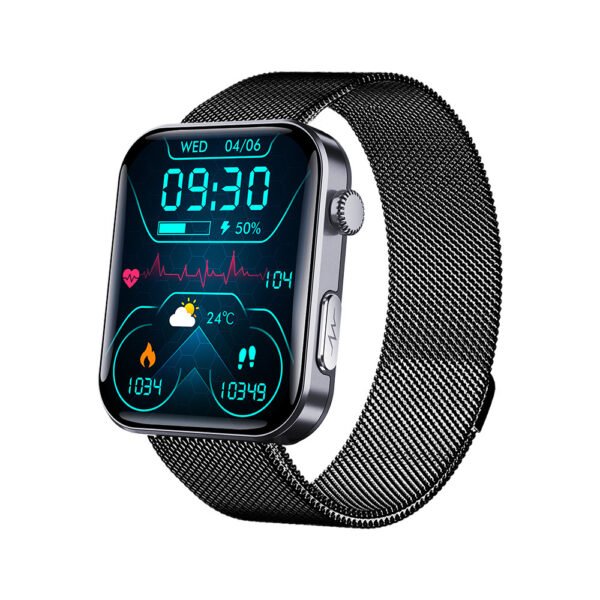 Unisex black smartwatch with stainless steel mesh band displaying health metrics