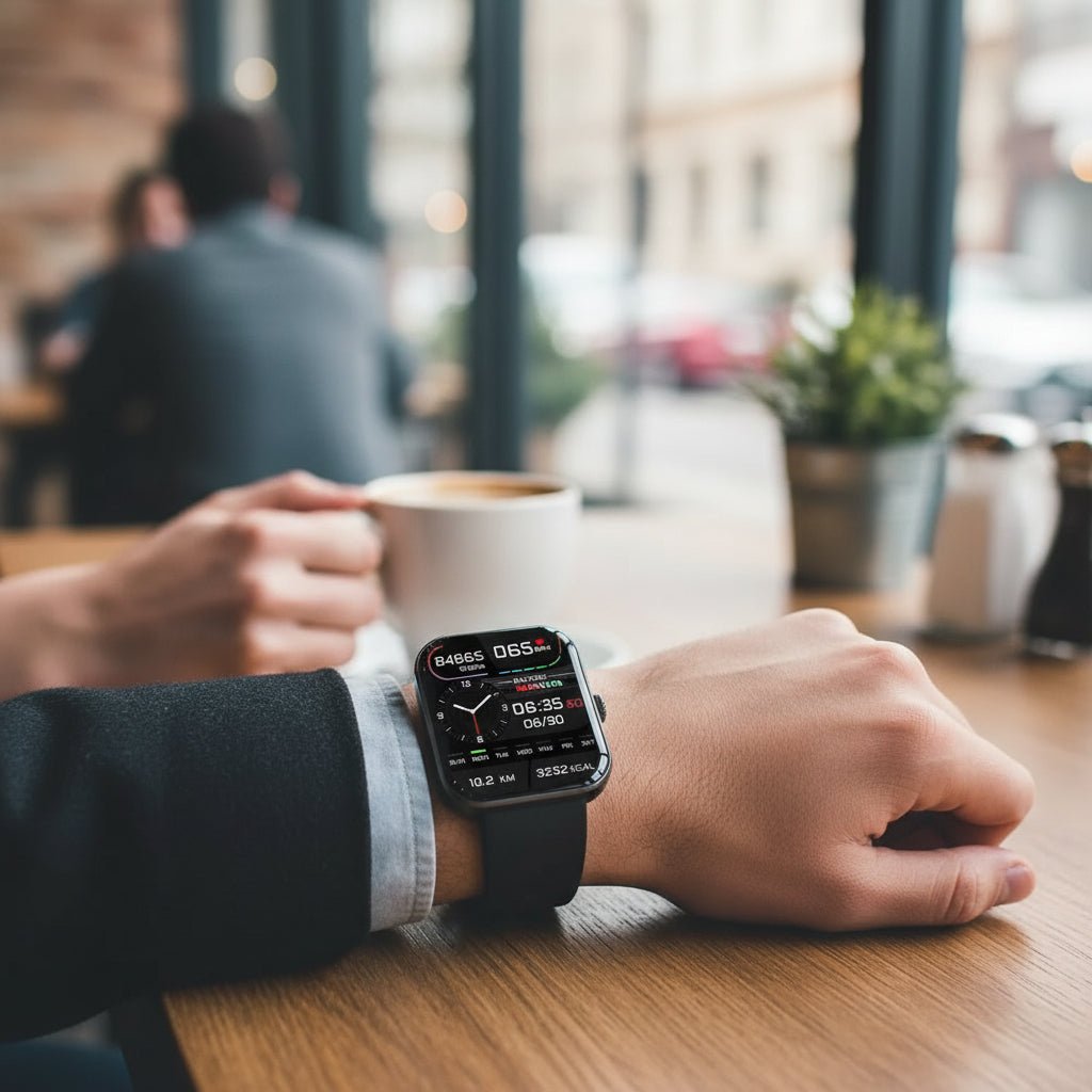 Person wearing black smartwatch with digital display in a cafe
