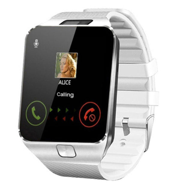 White smartwatch with SIM card slot displaying an incoming call screen on the white silicone band