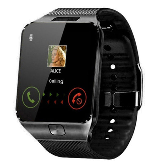 Black smartwatch with SIM card support and textured silicone strap showing call interface