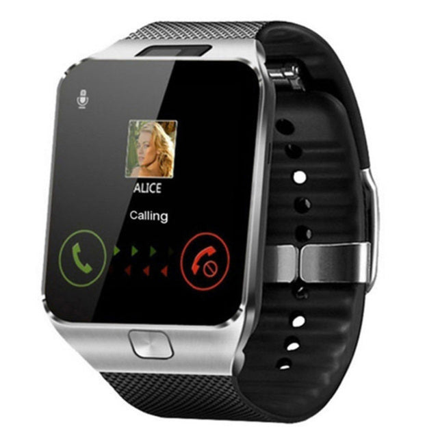 Silver smartwatch with black textured strap and built-in camera showcasing digital display