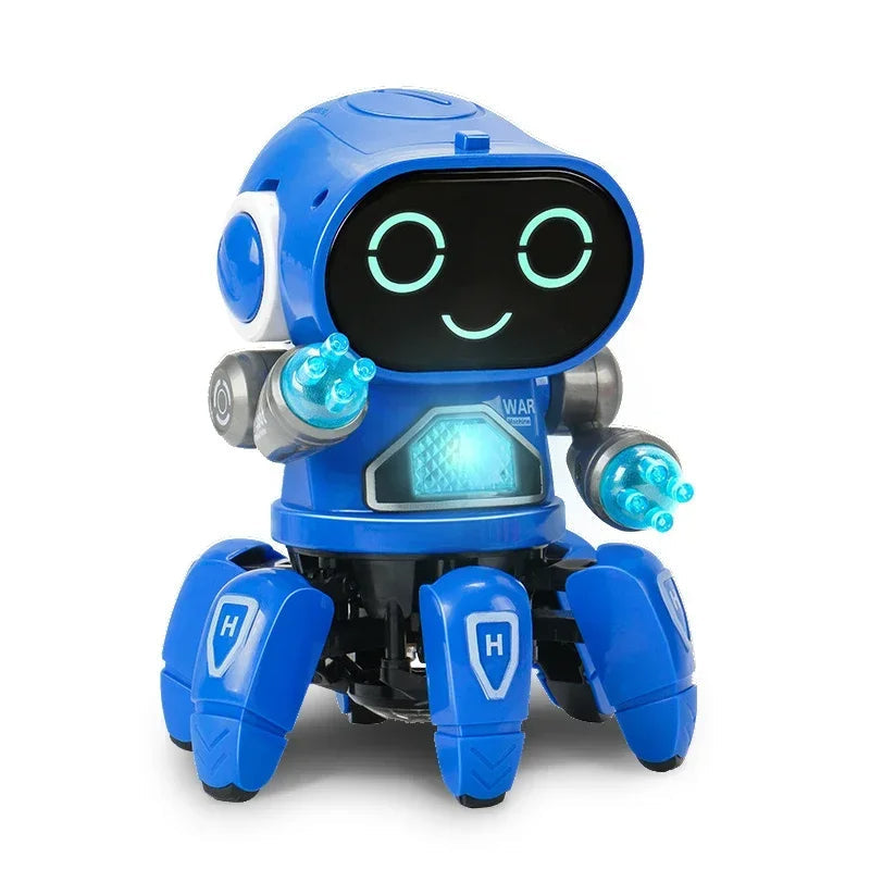 Action shot of kids robot toy glowing in a dimly lit room