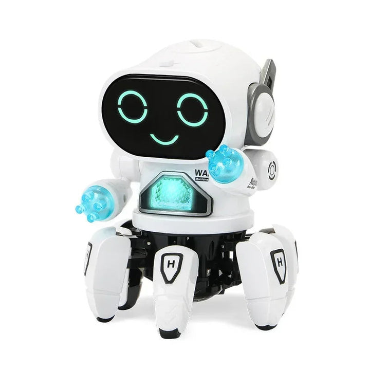 Top angle view of musical robot toy showing head and arm details