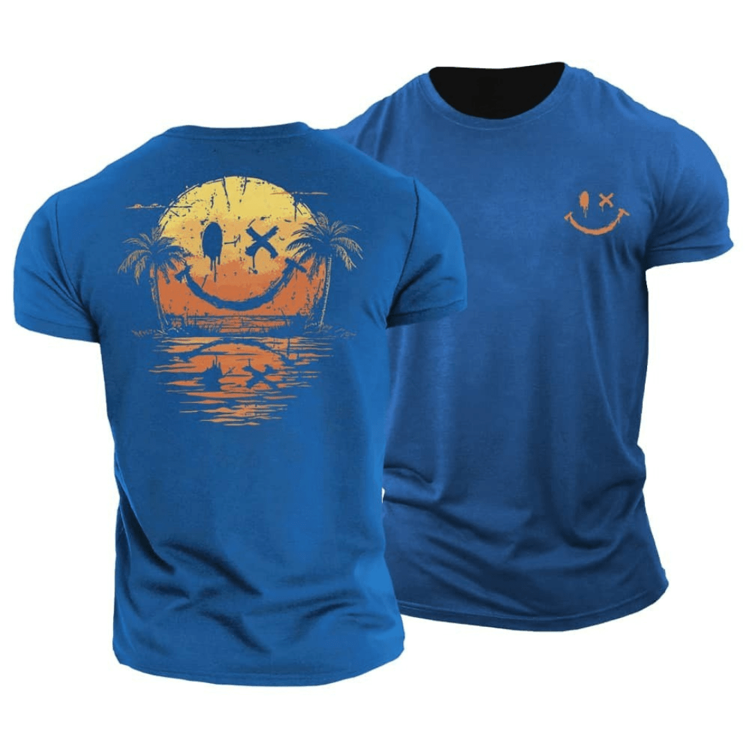 Men's beach style graphic tee laid flat on neutral background