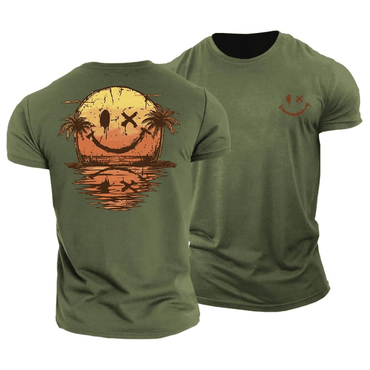 Back view of men's summer smiley beach t-shirt with palm tree graphic