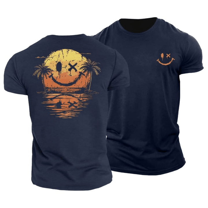 Navy blue variant of the men's summer beach t-shirt displaying front and back views