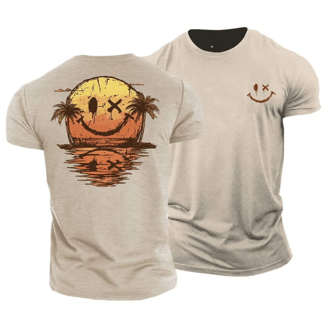 Beige men's summer beach t-shirt featuring a back sunset graphic and small front chest print