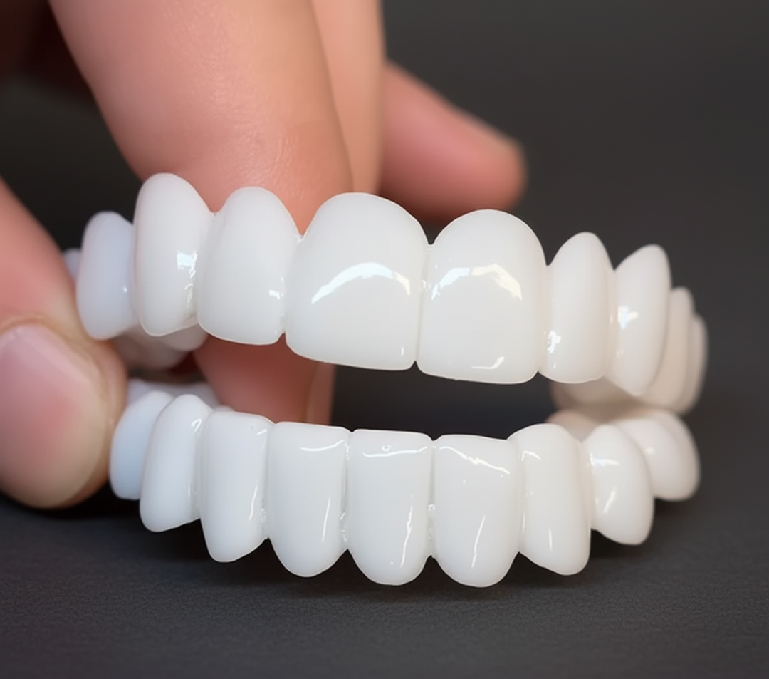 Close-up of white cosmetic snap-on dental veneers arch held by fingers