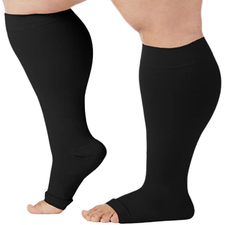 Plus size open toe compression socks in black worn on legs