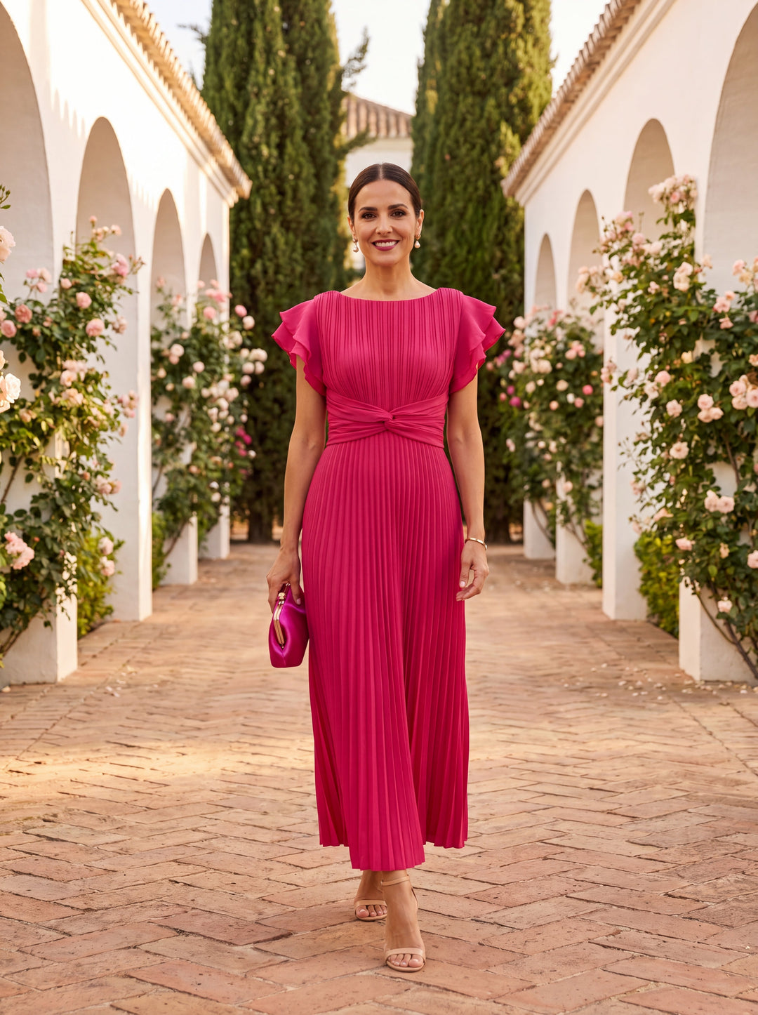 Woman wearing a vibrant pink pleated maxi dress with ruffle sleeves standing outdoors
