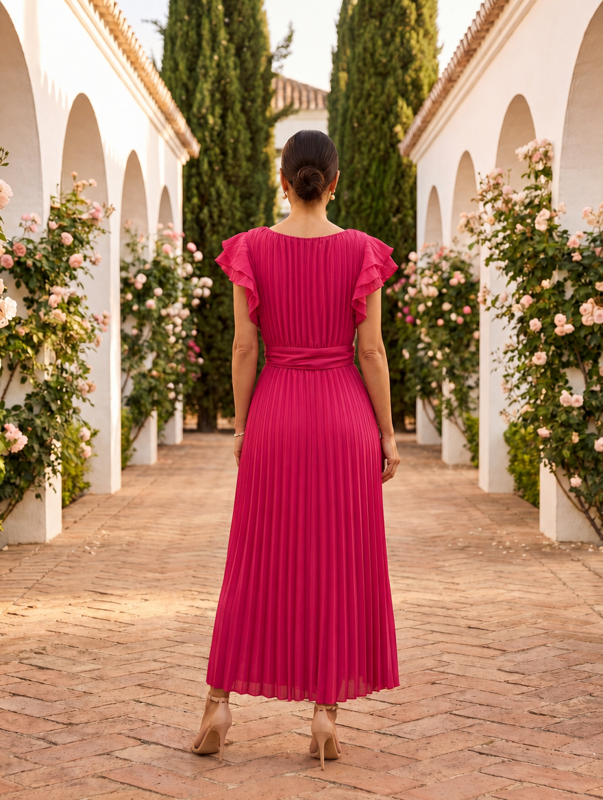 Back view of a woman in a long pink pleated evening dress with flutter sleeves