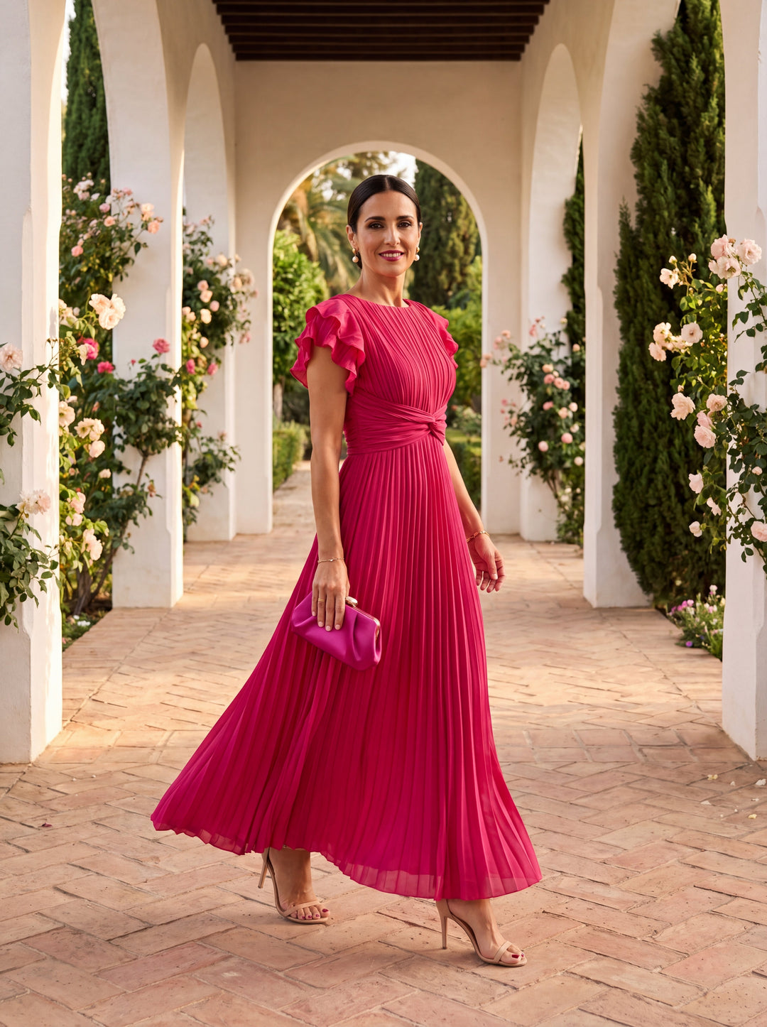 Full length view of a woman walking in a pink pleated maxi dress holding a clutch
