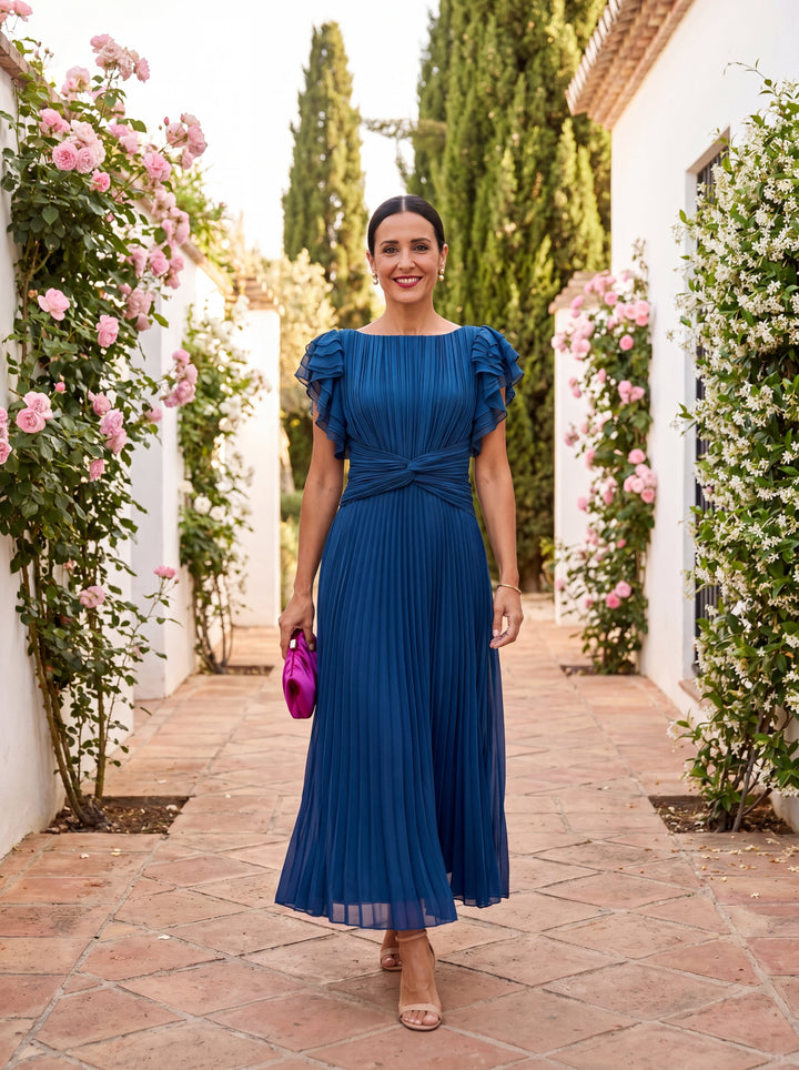 Elegant party dress with ruffle sleeves and pleated design