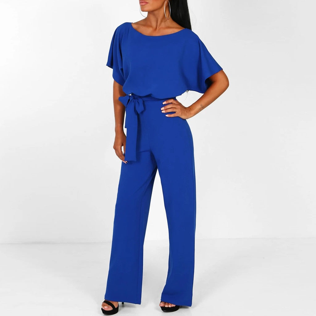 Women's wide-leg jumpsuit with matching belt for evening wear and formal events