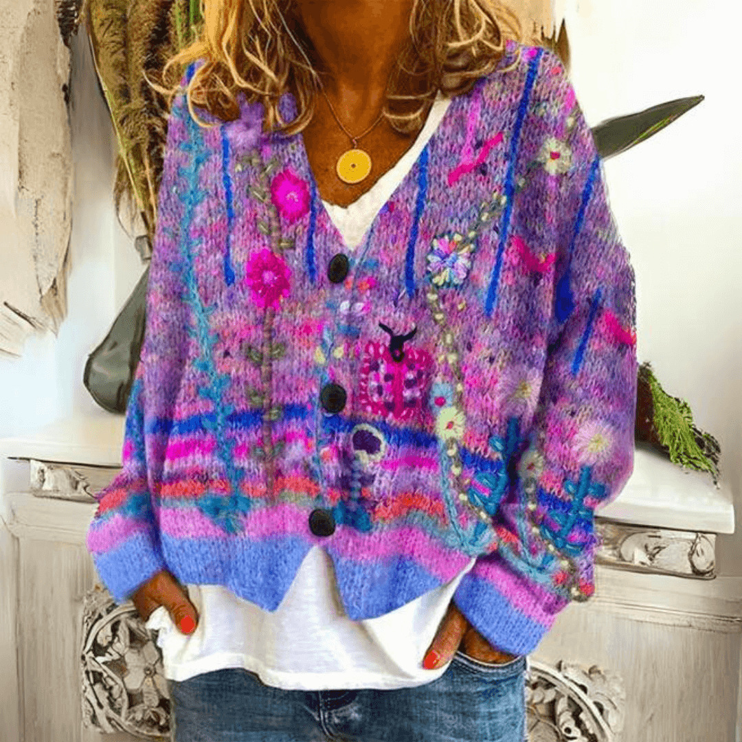 Close-up view of floral embroidery and soft knit texture on womens cardigan