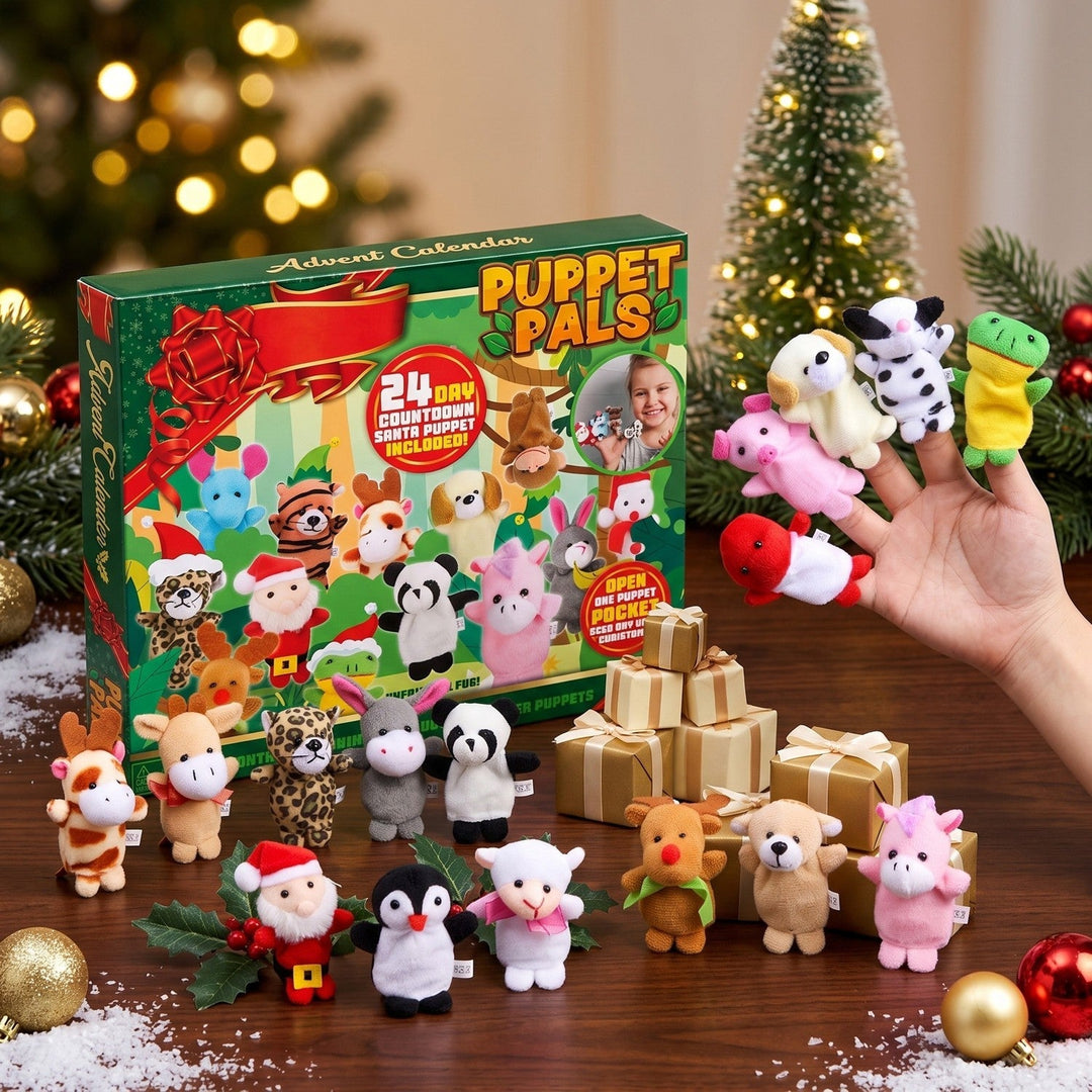 Festive advent calendar box displaying colorful plush finger puppets arranged on a hand and a wooden table.