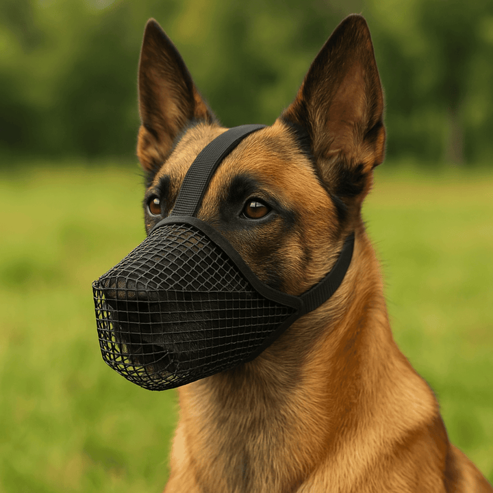 German Shepherd wearing a black soft mesh dog muzzle outdoors