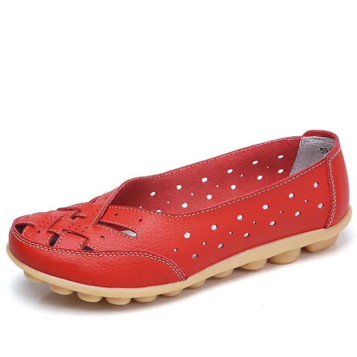 Red women's casual flat shoe featuring flexible sole and breathable upper