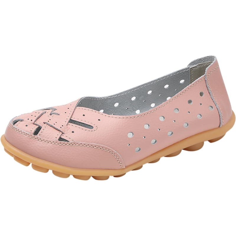 Side angle of women's soft cushioned flat shoes in a neutral shade