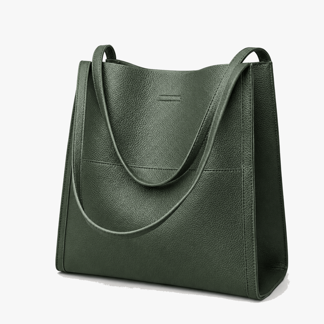 Forest green women's shoulder tote bag displayed upright on a clean white background
