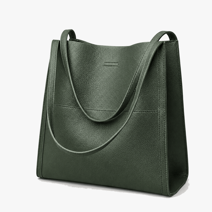 Forest green women's shoulder tote bag displayed upright on a clean white background